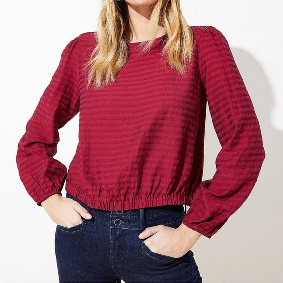LOFT NWT Berry Striped V Wrap Back Long Sleeve Cropped Top Size Small - Picture 1 of 12